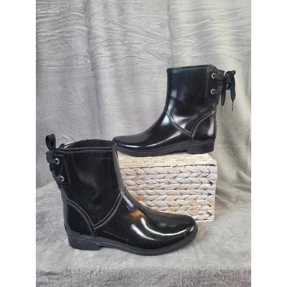 Michael Kors Black Rubber Rain Boots Lace Up Back Gorpcore Size 10 Waterproof